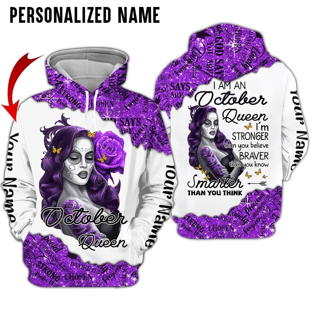 Personalized Name Birthday Outfit October Girl Sugar Skull Purple Flower All Over Printed Birthday Shirt