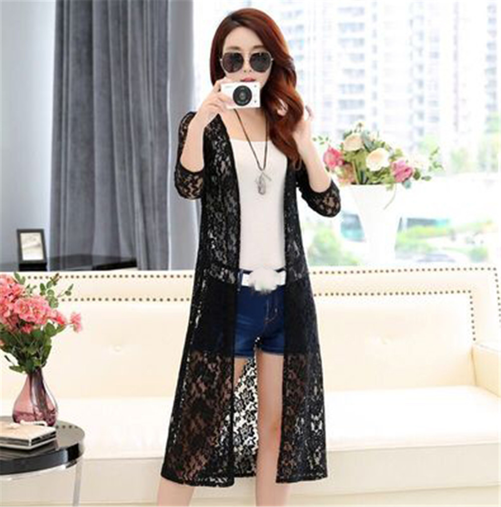 2021 Korean Floral Lace Women Sweater Cardigan Sheer Plus Size 5XL Solid Open Front Long Elegant Summer Beach Cover Up Cardigan alx