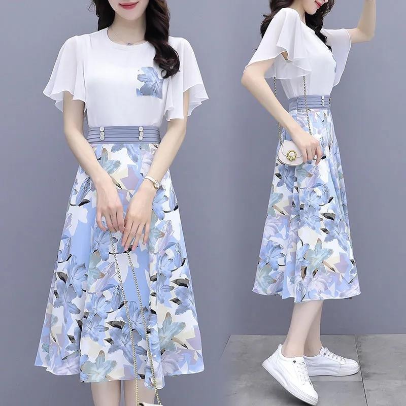 Women’s Suits Summer 2022 New Fashion Casual Slim Temperament Floral T-shirts Skirts Women’s Two Piece Sets SJ431 alx