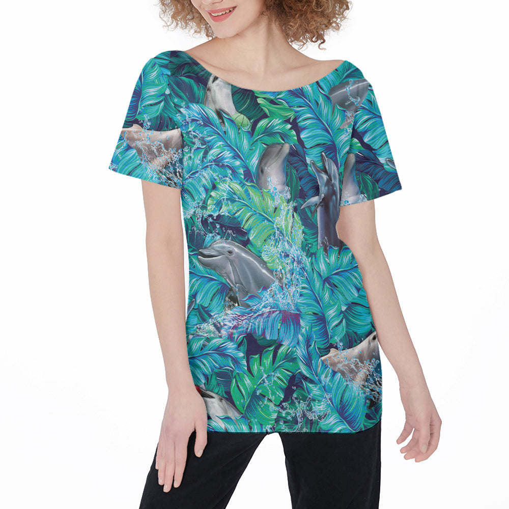 Dolphin Tropcial Monstera Off Shoulder T-Shirt