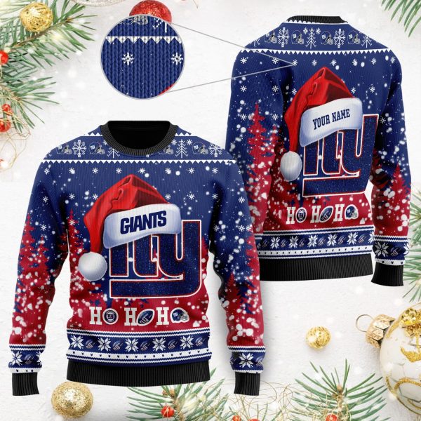 New York Giants Custom Name Ho Ho Ho Gift For Fan Ugly Wool Sweater Christmas