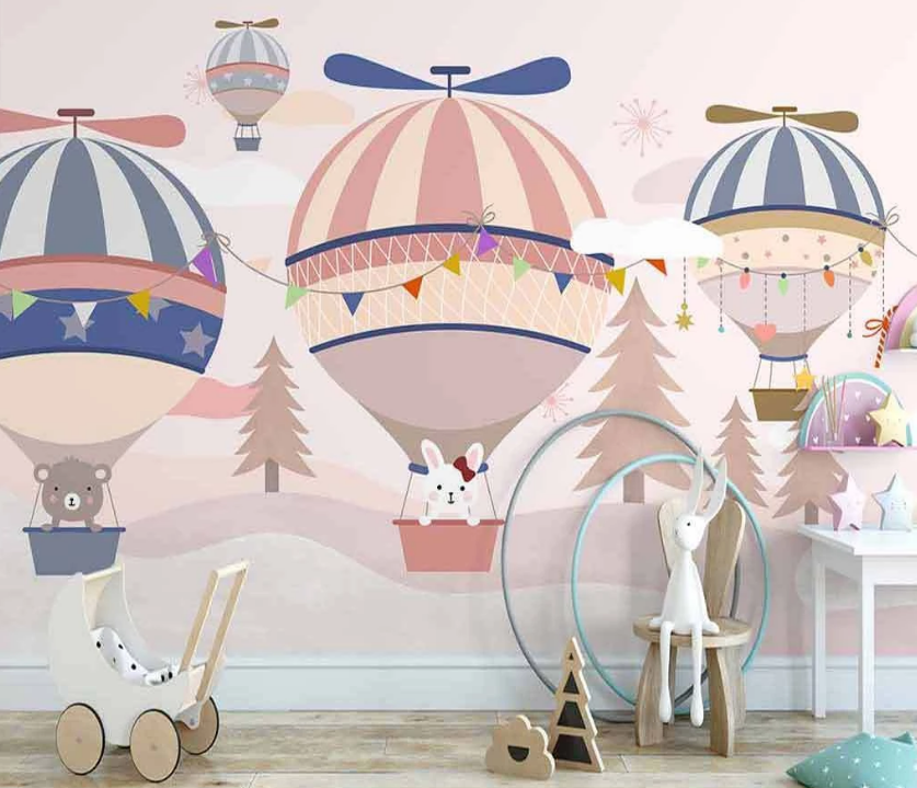 3D Cartoon Colorful Hot Air Balloon Bunny Animal Tree Plant Wall Mural Wallpaper Lxl