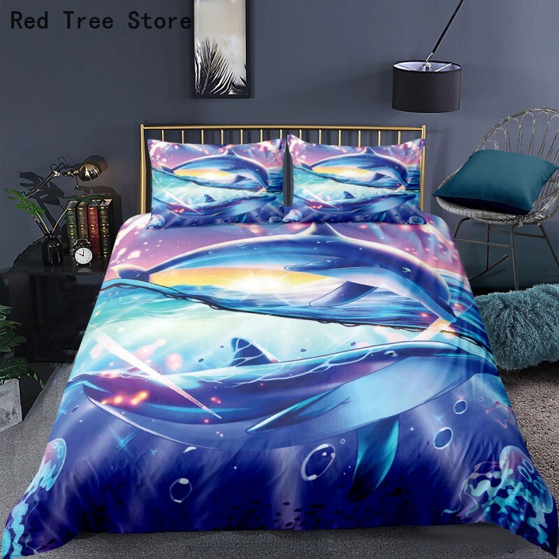 Cartoon Fairy Dolphin Bedding Set Kids Duvet Cover And Pillowcase Child Single Double Home Textile Fantasy Printed Bed Linens