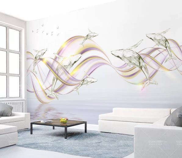 3D Crystal Dolphin Wavy Wall Mural Wallpaper 302