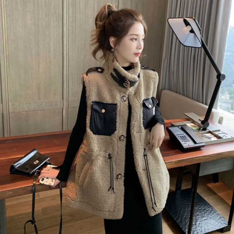 2021 Fall Winter Women’s Vest Short Coat Loose Warm Imitation Lamb Wool Vest Fashion Stitching Women Sleeveless Waistcoat Jacket alx