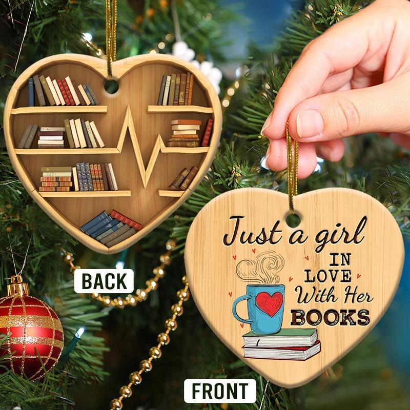 Book Christmas Ornaments Just A Girl In Love With Her Books Two-Sided Heart Ornament, Book Lovers Ornament