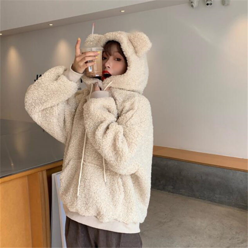 Artificial Lambswool Plush Hoodie Loose Casual Cute Bear Ears Hooded Outwear Pocket Drawstring Sweatshirt Pullover Female Hoody alx