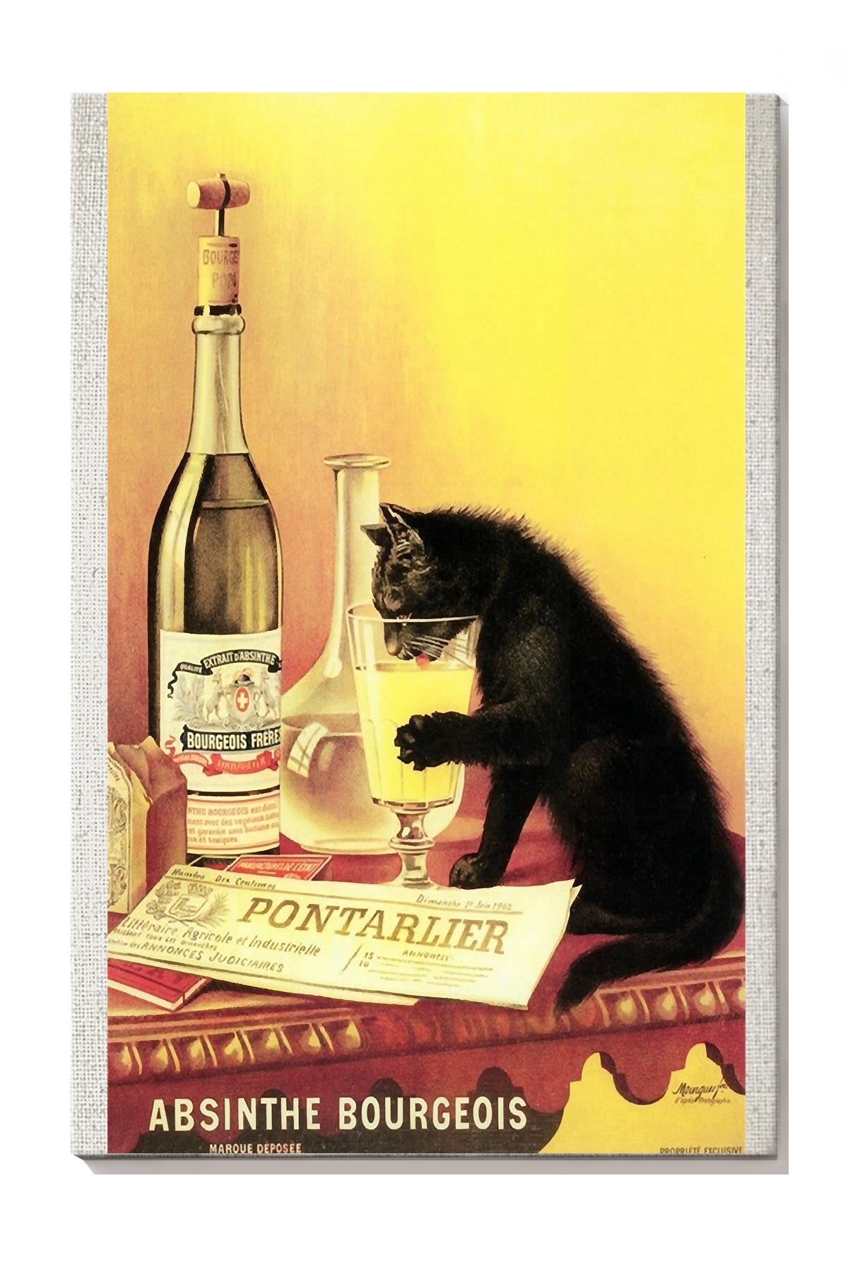 Absinthe Bourgeois Black Cat Drinking Champagne Wall Art For Cat Champagne Lover Home Decor Wrapped Canvas