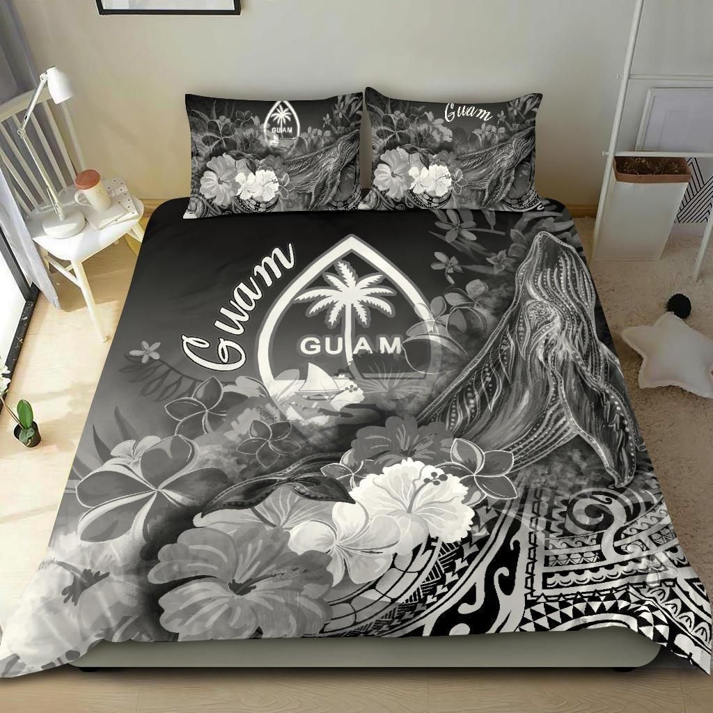 Alohawaii Bedding Set – Cover And Pillow Cases Guam – Humpback Whale With Tropical Flowers (White)- Bn18