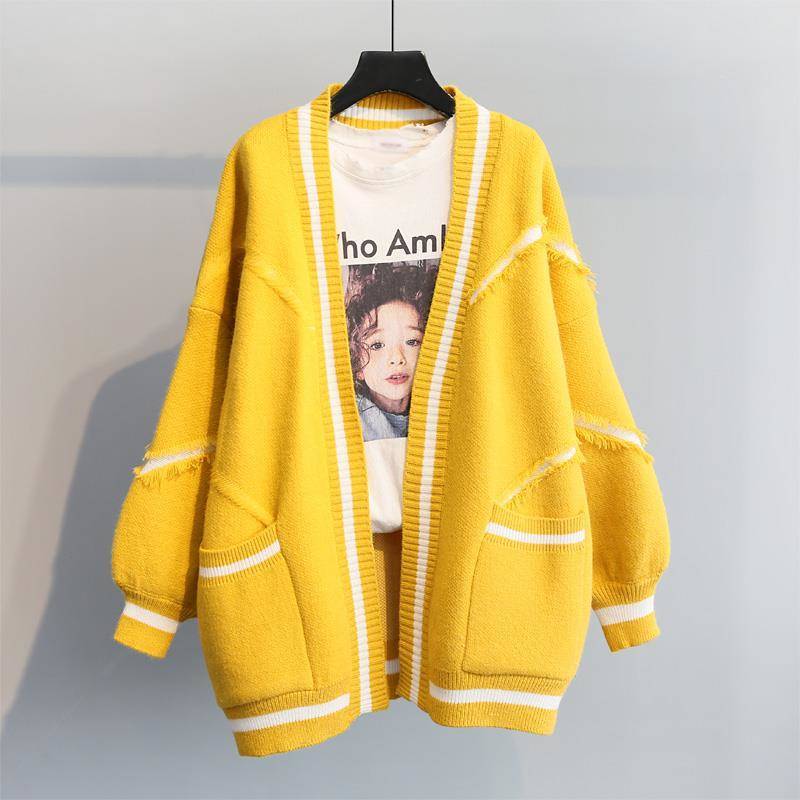 Women Cardigan Sweaters Gentle Patchwork Tassel Warm Autumn Winter Pockets Loose Knitwear Ulzzang Yellow Cardigan Female Casual alx