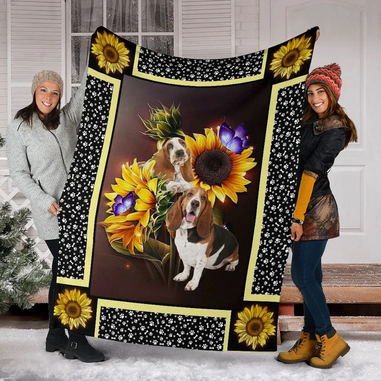 Basset Hound Dark Sunflower Fleece Blanket Dog Gift Throw Blanket Soft Warm