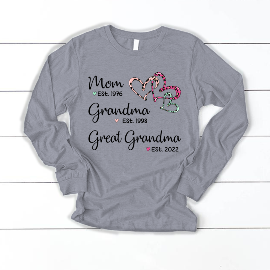 Mom Est Grandma Est Great Grandma Heart Leopard Longsleeve