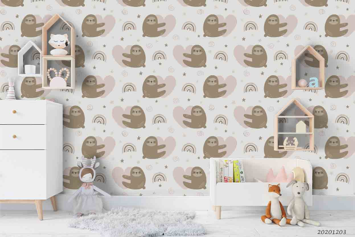 3D Cartoon Sloth Animal Heart Rainbow Pattern Wall Mural Wallpaper Lxl