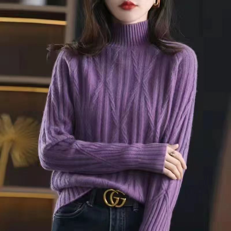 Sweater Women’s Autumn And Winter New Semi High Collar Korean Fashion Casual Loose Twisted Solid Color Knitted Sweater Women alx