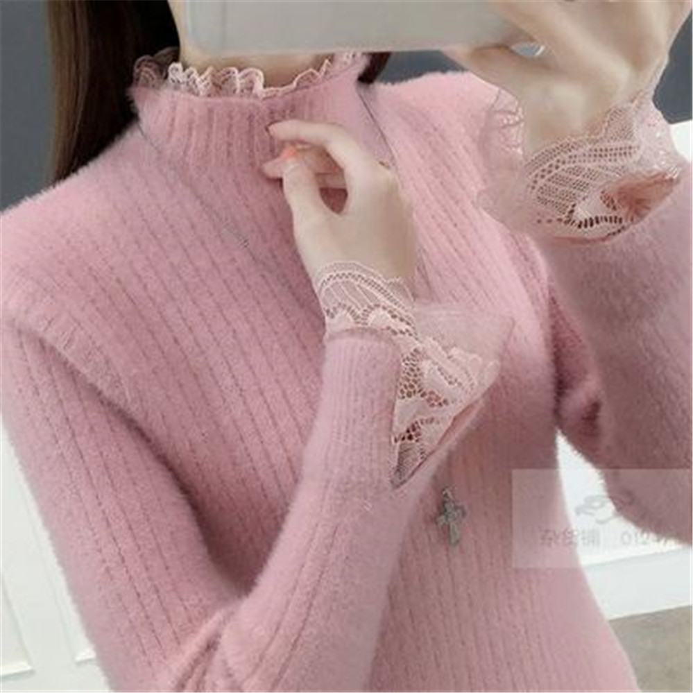 Winter Clothes Women Korean Fashion Slim Sweater Lace Design Turtleneck Warm Basic Long Sleeve Top Ladies Sweater Pull Femme alx