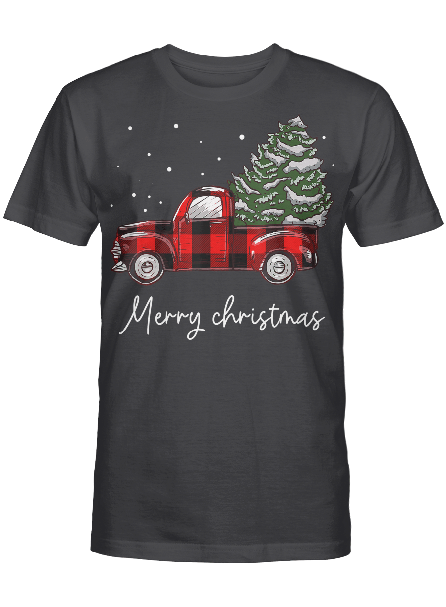 AmazeStyleZ Santa’s Reindeer, Ugly Christmas Sweater, Christmas Gift Ideas, Buffalo Plaid Red Truck Christmas Tree T-Shirt