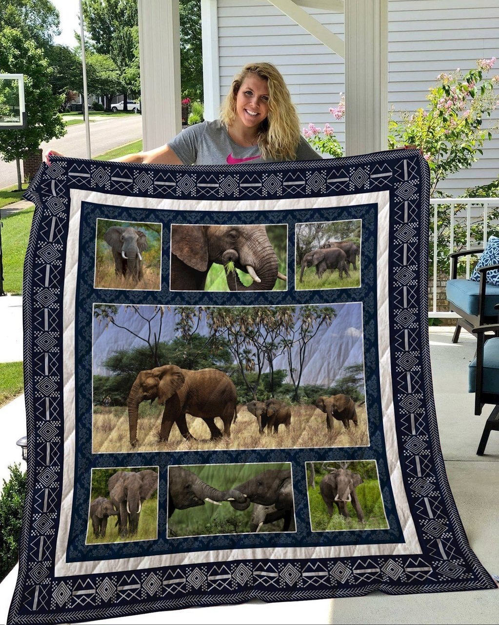 Mother Elephant With Children On The Savanna  Quilt Blanket