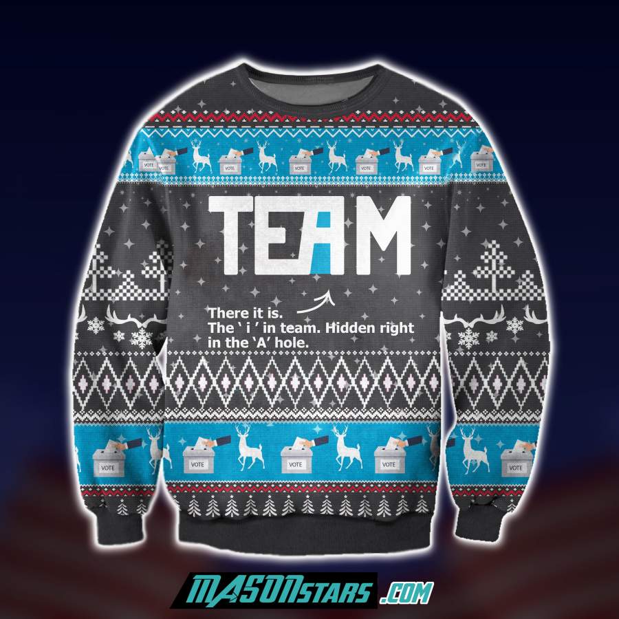 The “i” in Team 3D Print Ugly Christmas Sweatshirt