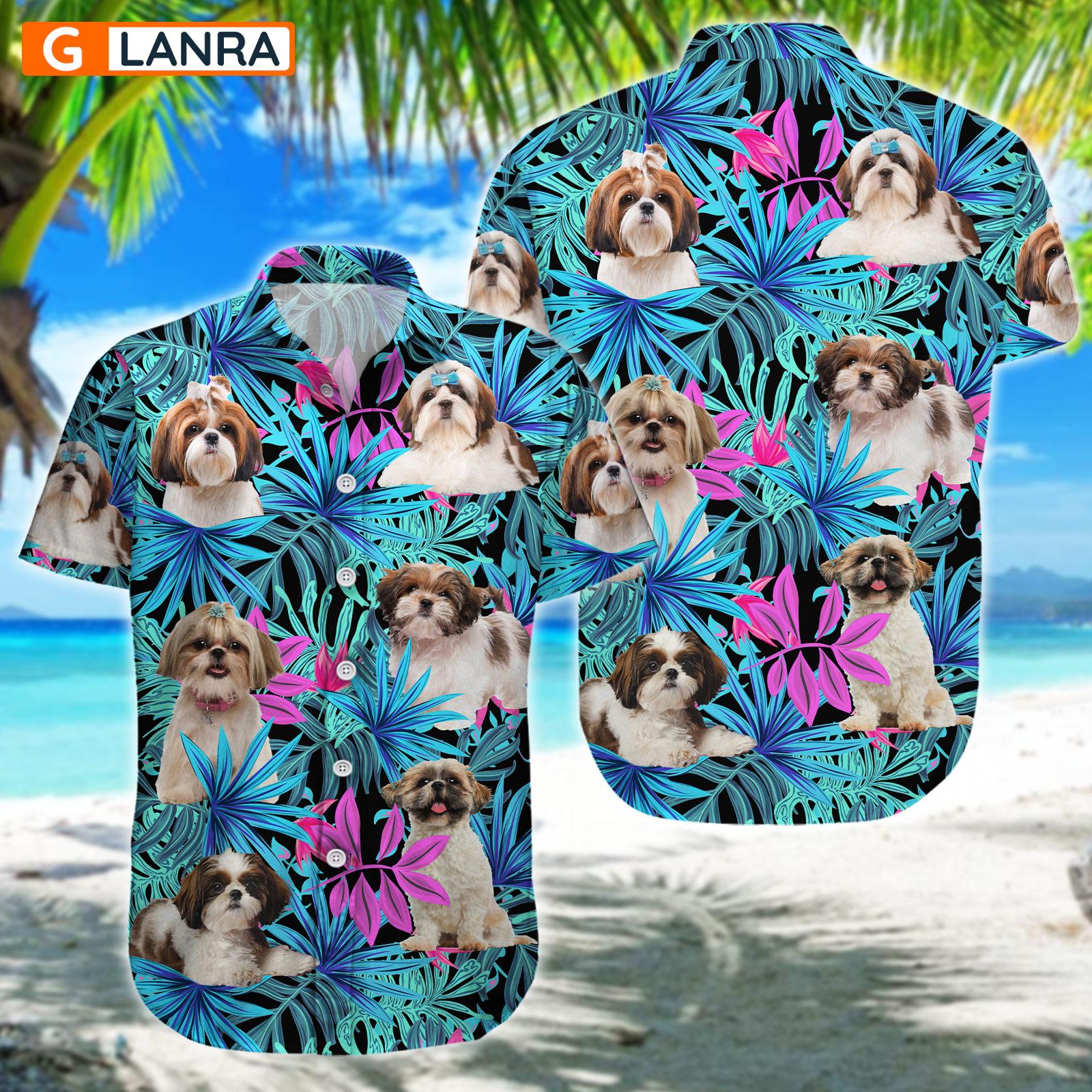 Shih Tzu Palm Leaves Button Shirt, Shih Tzu Dog Button Shirt, Summer Dog Hawaiian Shirt, Dog Leaf Hawaiian Shirt, Summer Tropical Shirt