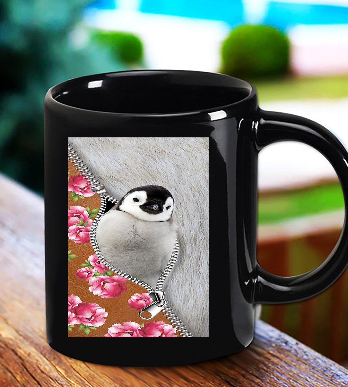 Penguin Pink Peonies And Fur Zipper For Animal Lover Black Mug Ceramic 11Oz 15Oz Coffee Tea Cup