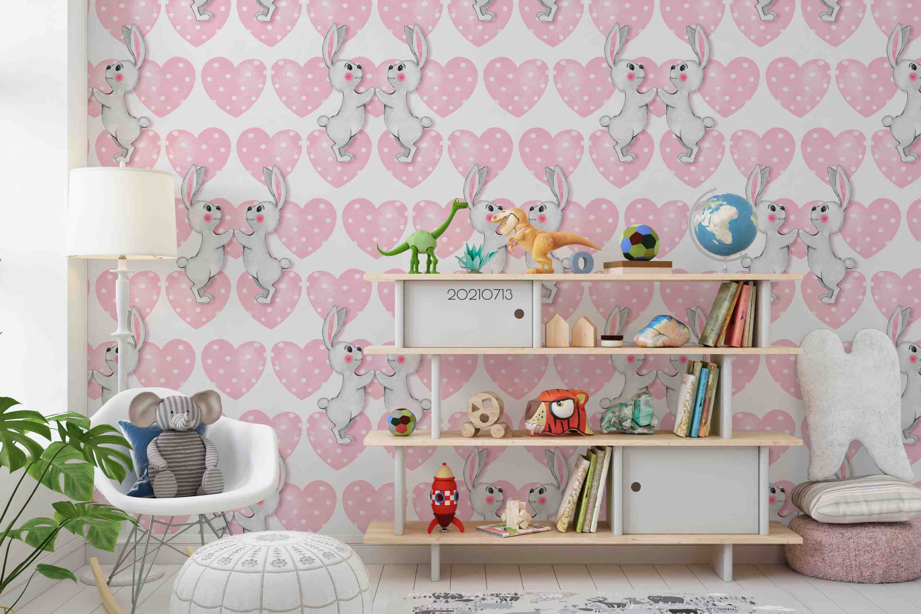 3D Cartoon Animal Bunny Pink Love Heart Wall Mural Wallpaper Lqh 190