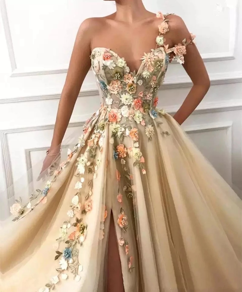 2022 Champagne Flowers Split A-Line Prom Dresses Women Party Night Long Appliques Evening Gown robes de soirée alx