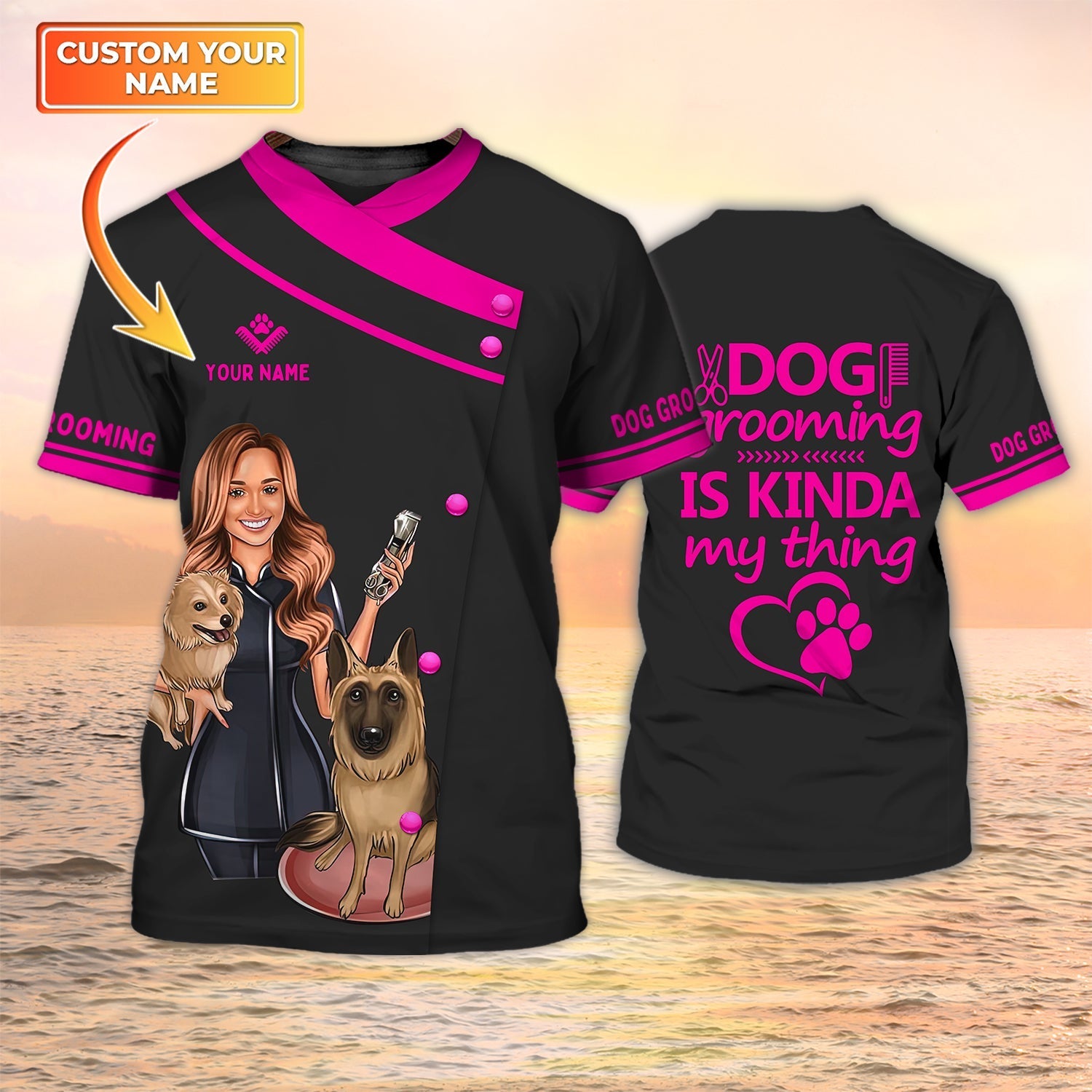 Personalized Name 3D Black Pink Pet Groomer Tshirt Dog Grooming Is Kinda My Thing