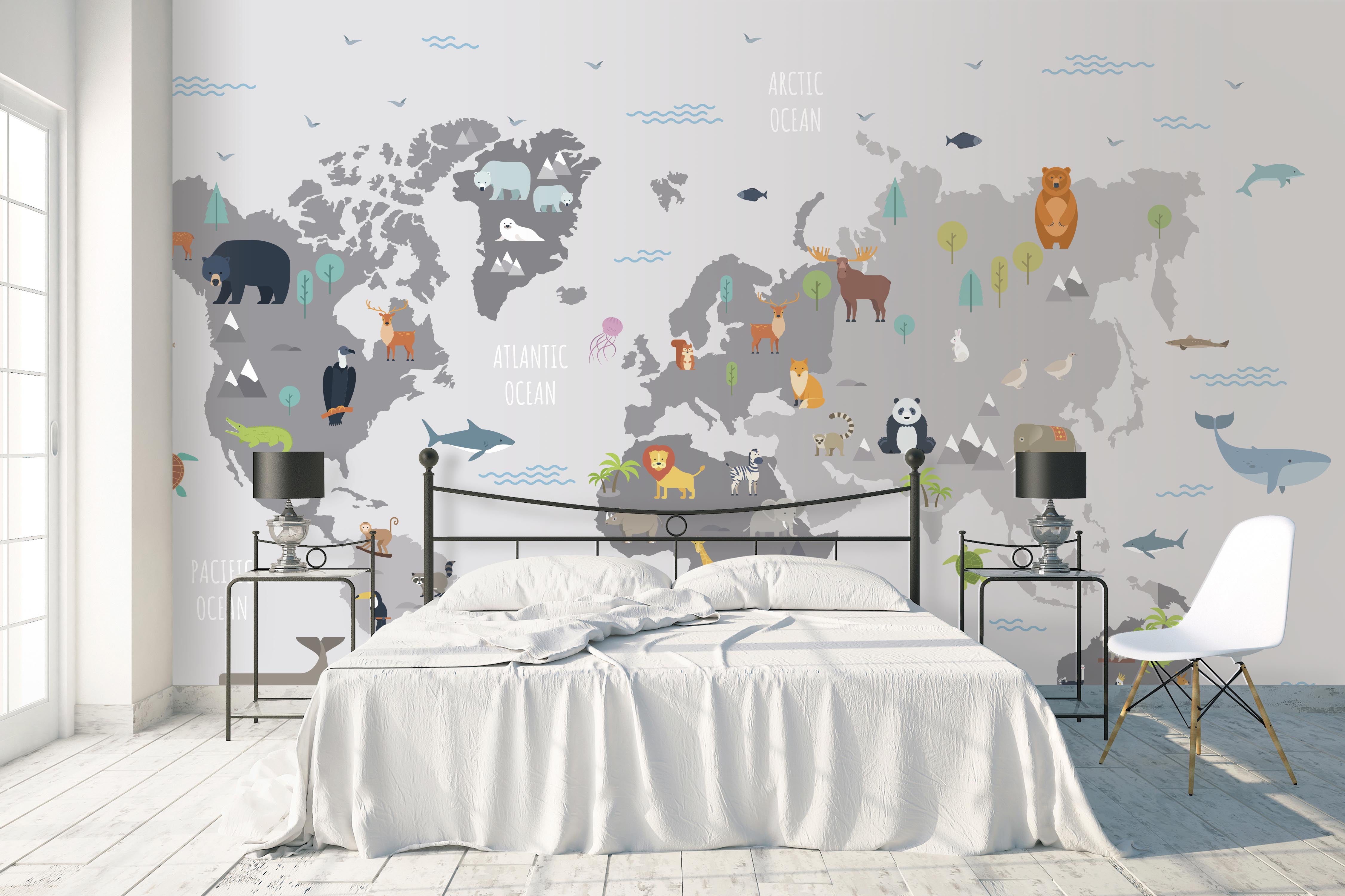 3D Grey Animals World Map Wall Mural Wallpaper 05