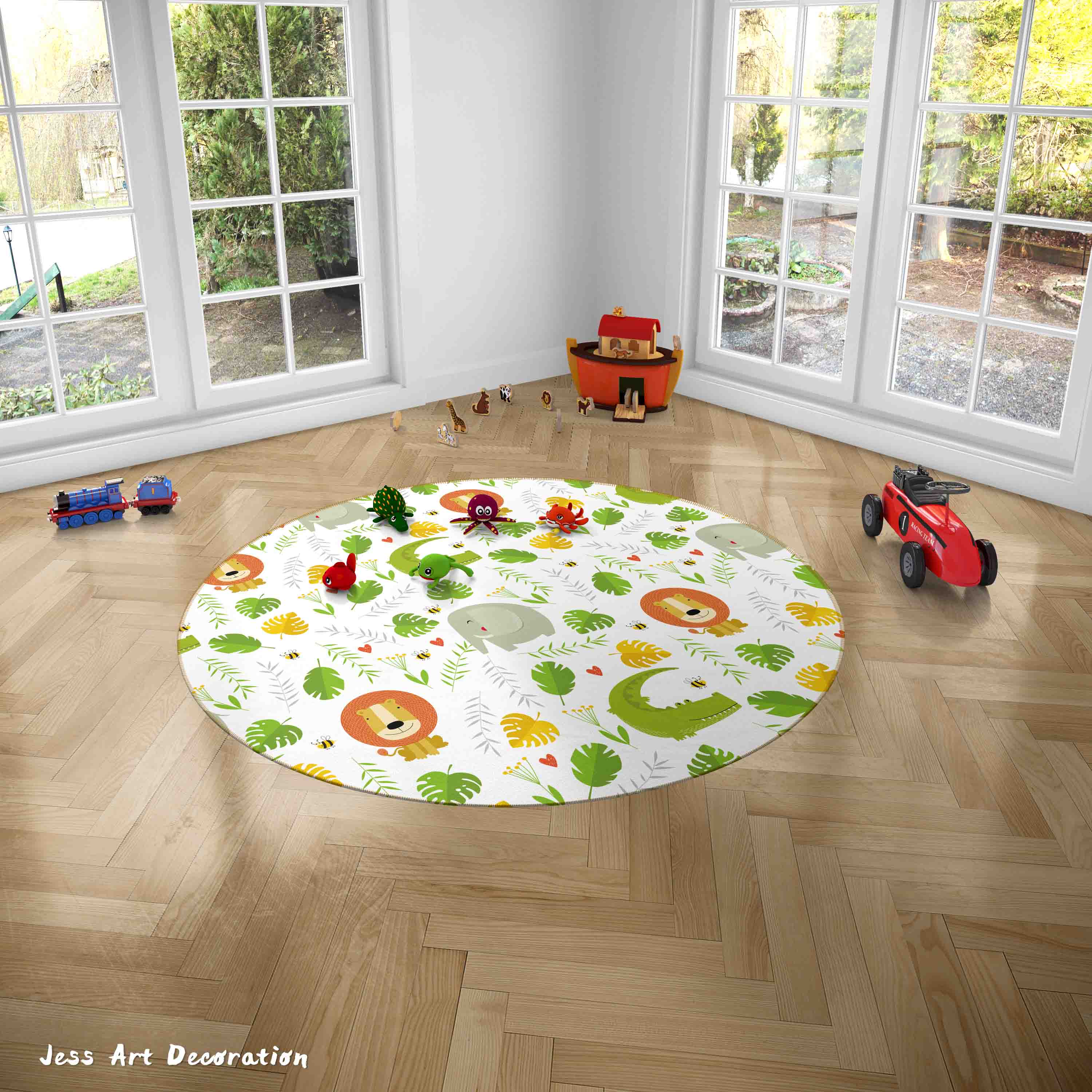 3D Cartoon Animal Lion Elephant Green Leaf Kids Non-Slip Round Rug Mat 2