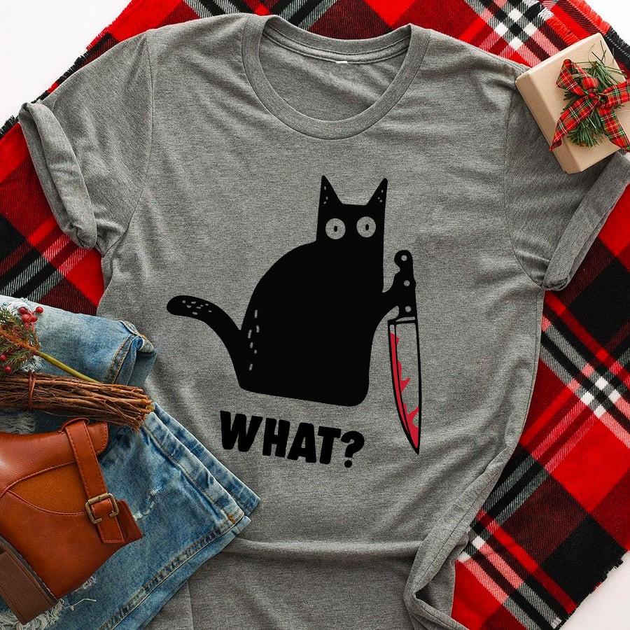 Black Cat What? Murderous Cat With Knife Weird Kitten Meowy Funny Graphic Unisex T Shirt, Sweatshirt, Hoodie Size S – 5XL