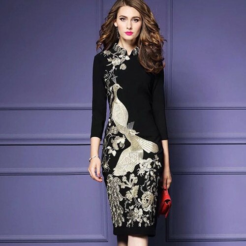 Spring Chinese National Style Peacock Retro Dress Stylish Embroidery Slim Ladies Sheath Dresses Celebrity Party Women Dress alx