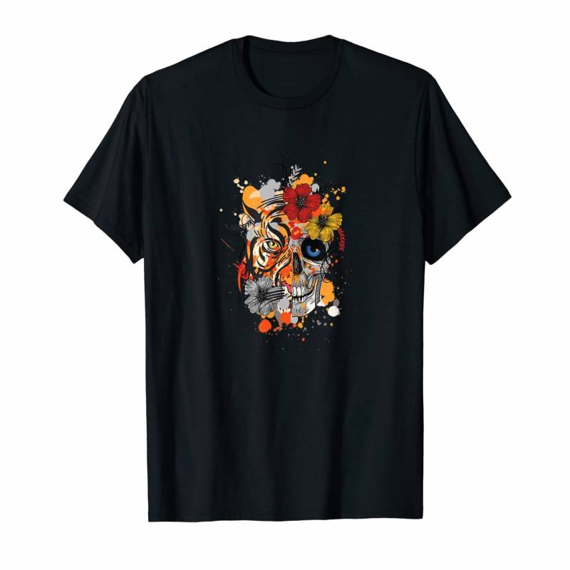 Tiger Skull Floral Print Cool Design Dia De Los Muertos Tees T-shirt