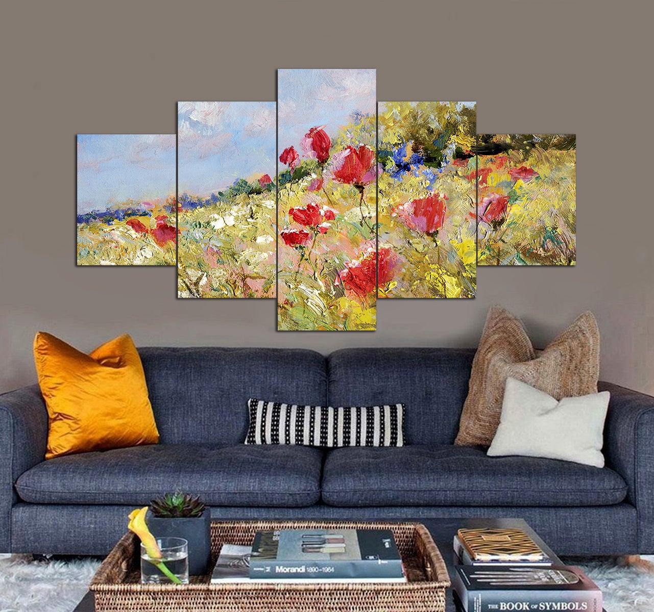 red poppy painted on a summer meadow 3D 5 piece canvas art