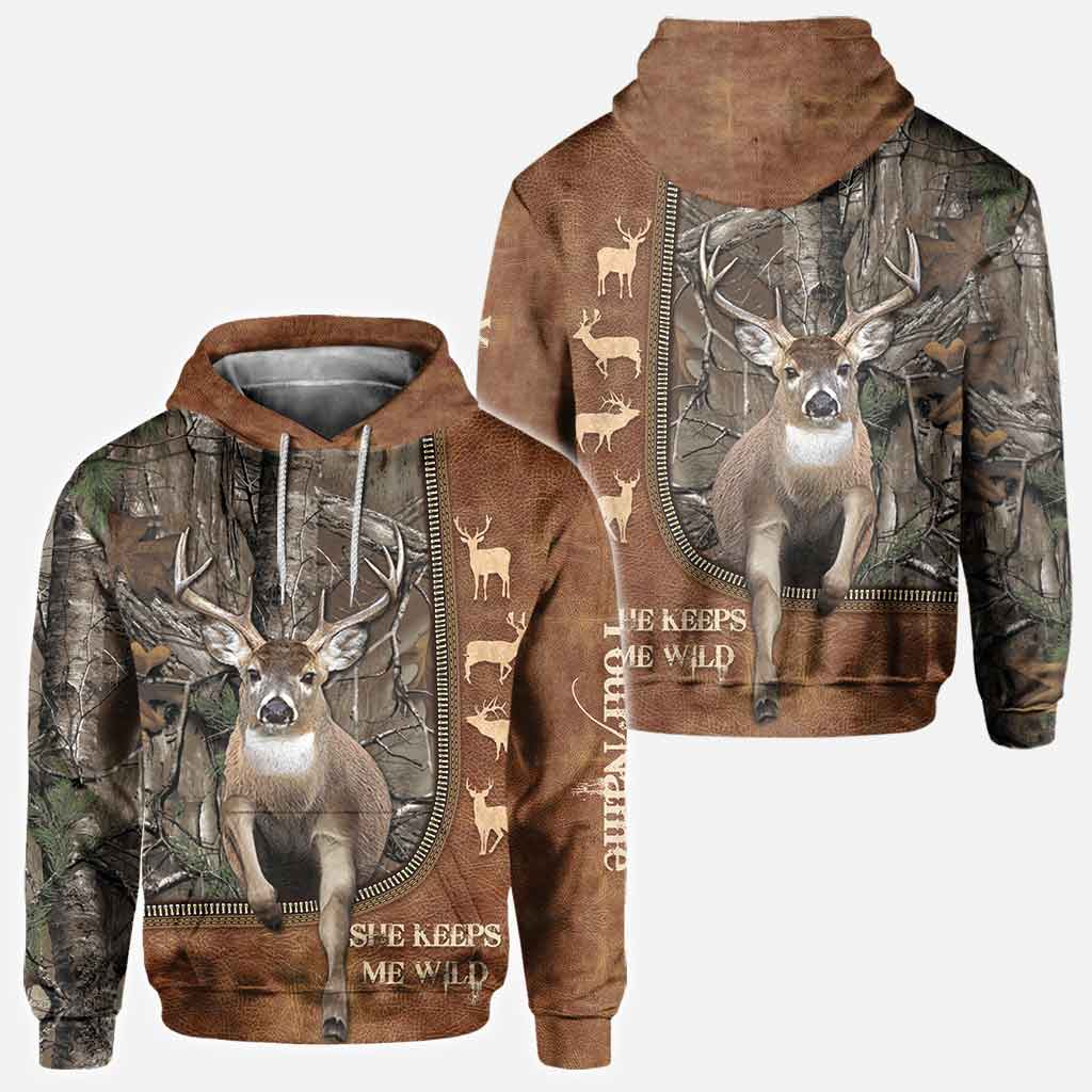He Keeps Me Safe – Personalized Couple Hunting Hoodies With Leather Pattern Print
