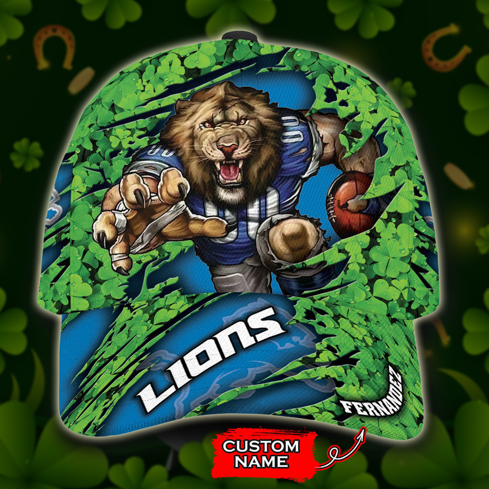 Personalized Detroit Lions Mascot St Patrick Day All Over Print 3D Baseball Cap – Blue Green