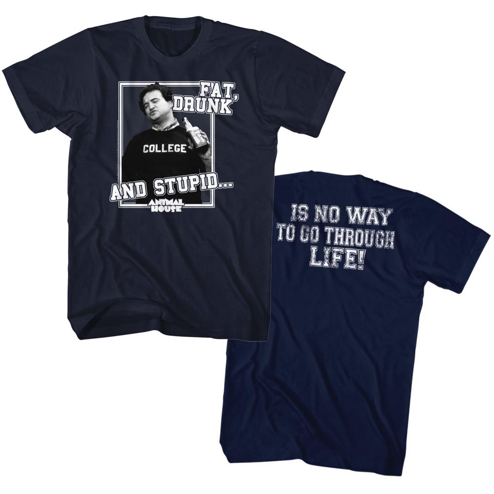 Animal House-Drunk And Stupid-Navy Adult S/S Front-Back Print Tshirt