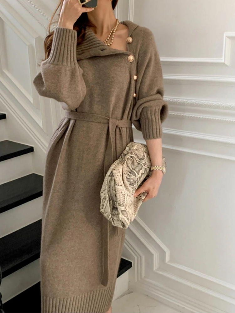 2022 Turtleneck Buttons Long Sleeve Vestidos Loose Knitwear Dresses Warm Dress Winter Women Knitted Dress for New Year alx