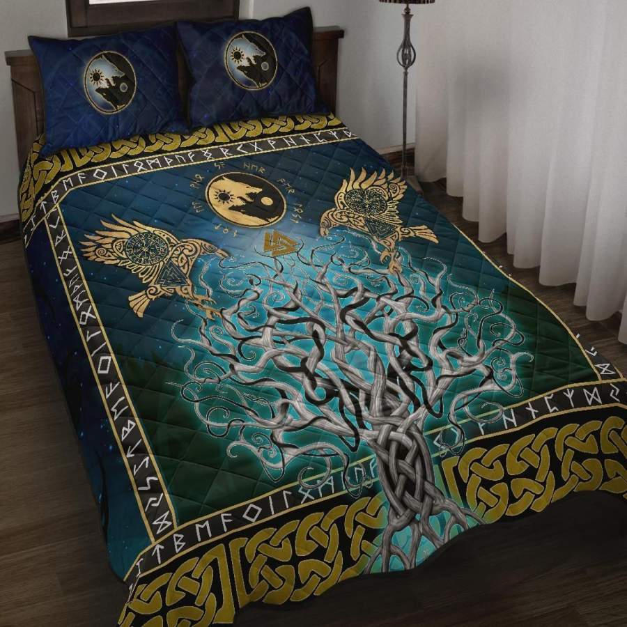 Viking Quilt Bed Set, Tree Of Life Fenrir Skoll And Hati Raven Rune