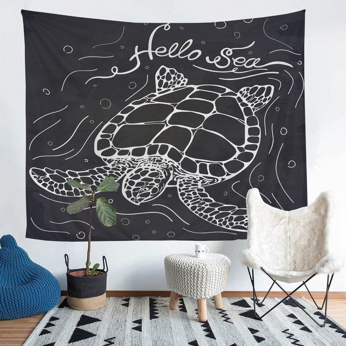 Sea Turtle Wall Blanket Kids Reptile Printed Tapestry Ocean Marine Themed Wall Hanging for Boys Girls Room Decor Black White Underwater Animal Bedspread Cove  Bedding Throw Blanket