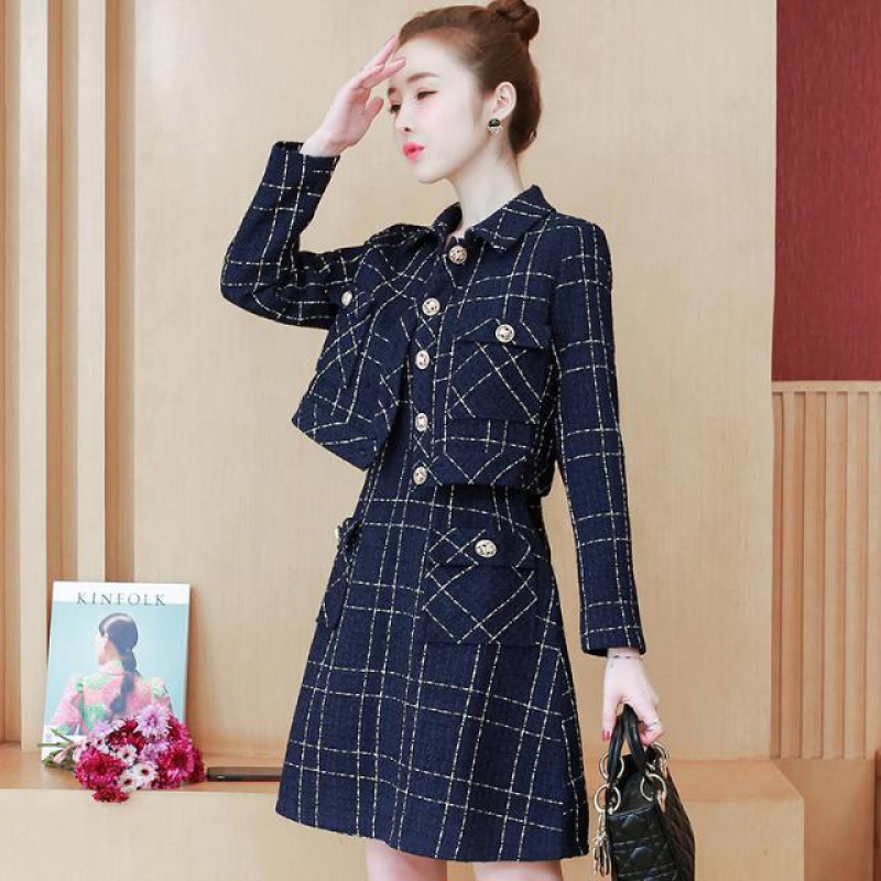 2022 Korea Elegant 2 Piece set Women Plaid Tweed Lapel Long Sleeve Jacket Coat + Retro Fashion sleeveless A-Line Dress Suit alx