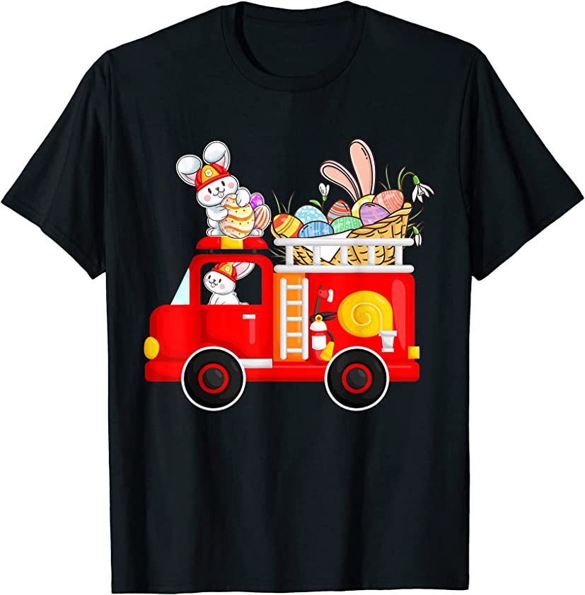 Bunny Riding Firetruck Easter Day Bunny Firetruck Fireman T-Shirt