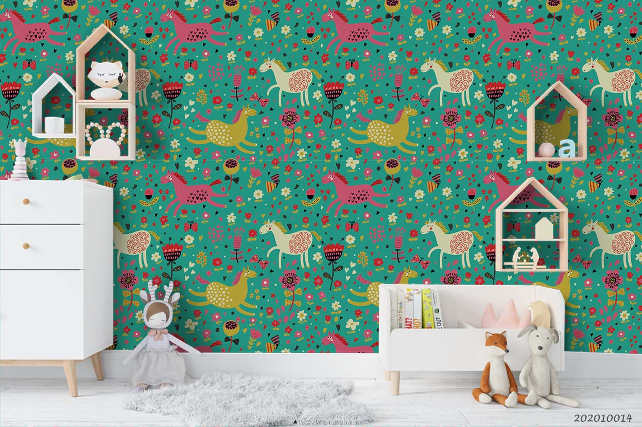 3D Cartoon Cute Animal Floral Horse Pattern Wall Mural Wallpaper Wj 5015