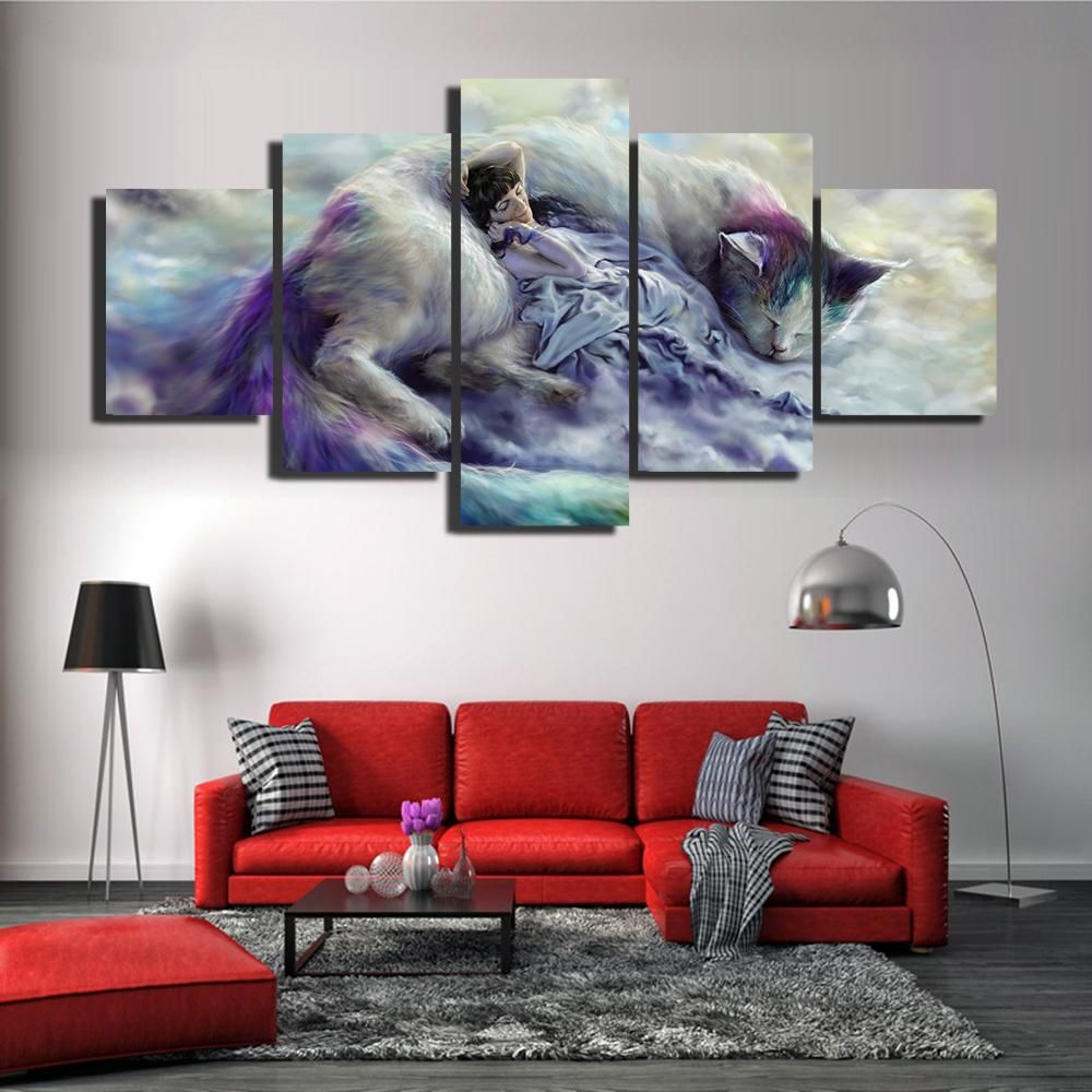 Animal Cat And Girl Animal 5 Panel Canvas Art Wall Decor