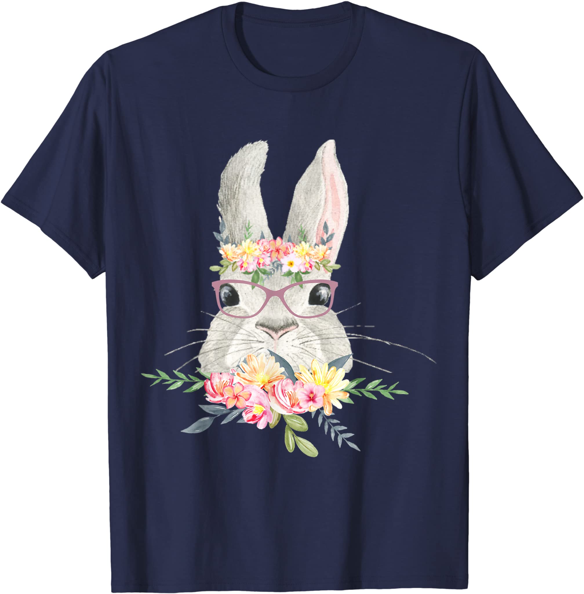 Funny Bunny Face With Glasses Rabbit Tropical Flower Easter T-Shirt