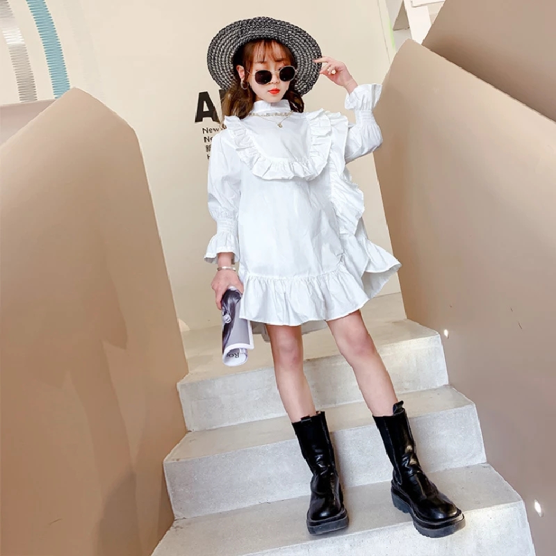 4-14 Years Old Girls Autumn Shirt Dress 2022 Fall Fashion children’s Clothing of Kids Ruffled Long-sleeved Princess Dress alx