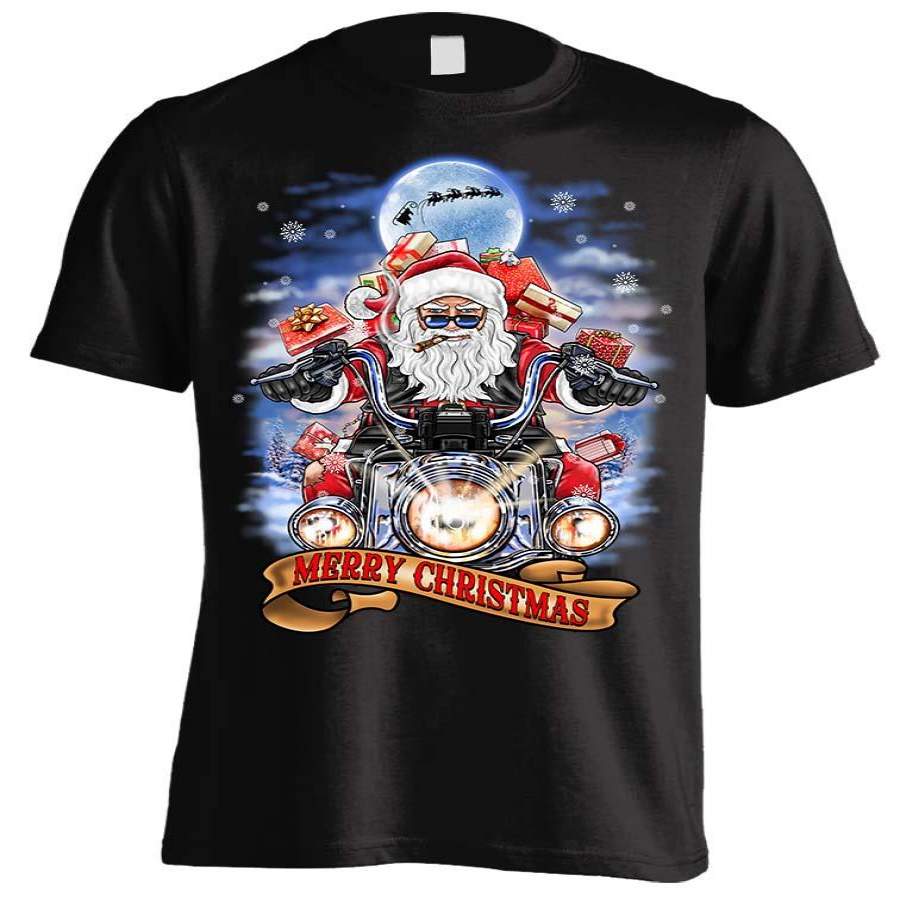 Biker Santa’s Motorcycle Ugly Christmas T-shirt (Front Print)