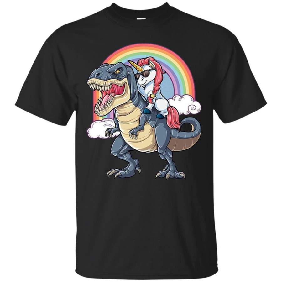 Unicorn Riding Dinosaur T Rex T Shirt Unicorns Rainbow Gifts Mens Cotton T-Shirt