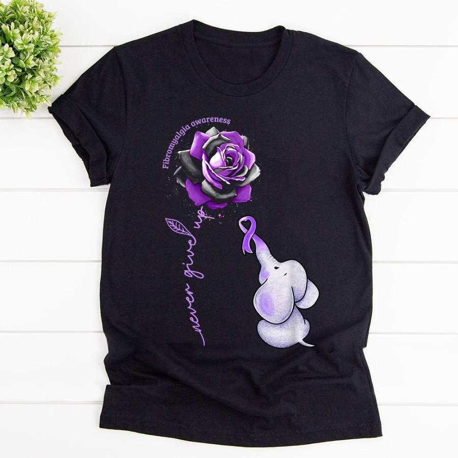 Fibromyalgia Awareness Elephant Never Give Up Black Cotton T Shirt For Men and Women S-6XL