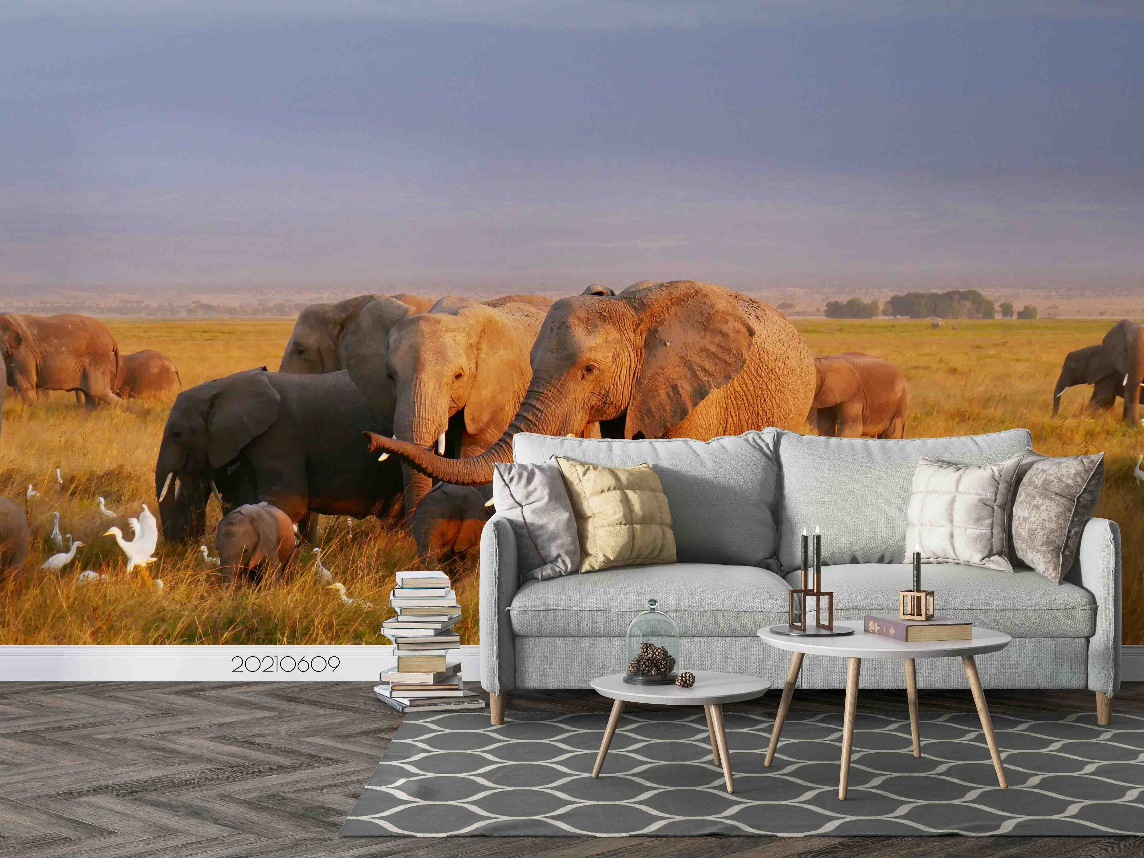 3D  Africa Grassland Elephant Dusk Wall Mural Wallpaper Sww1694