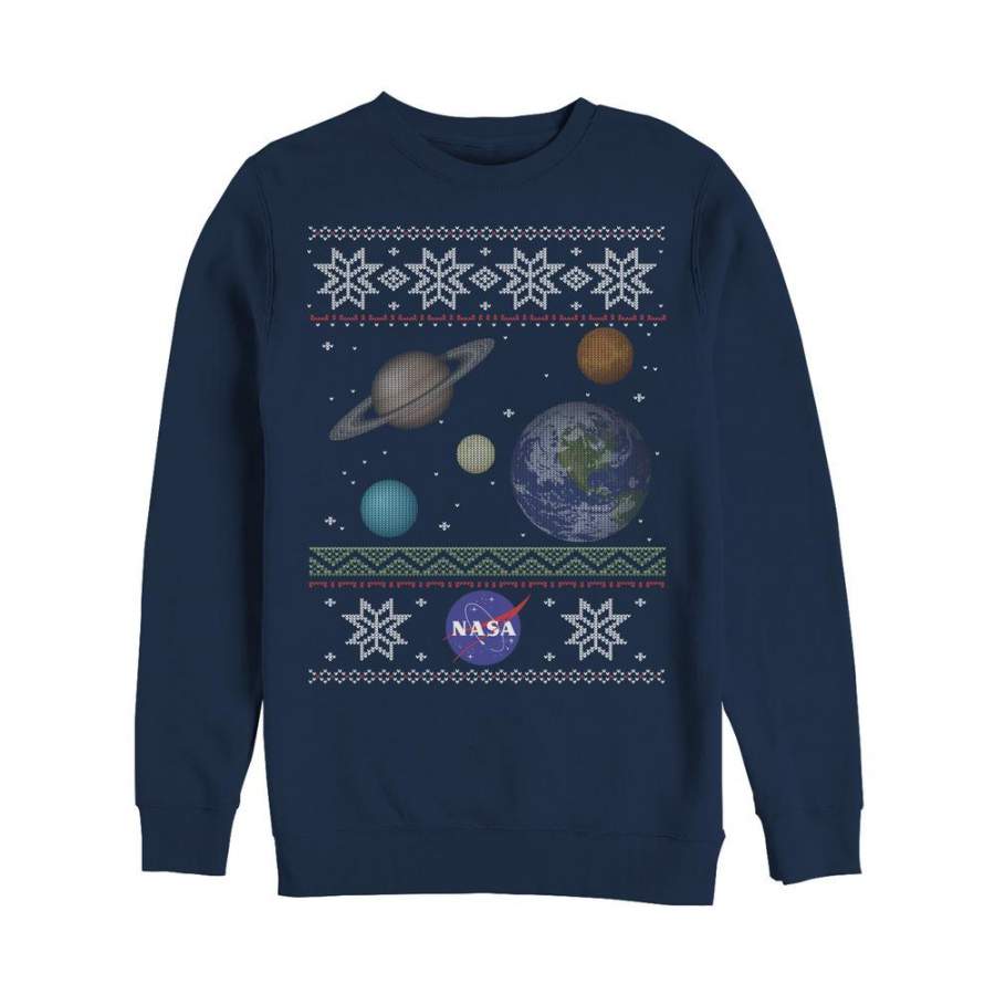 NASA Men’s Ugly Christmas Planet Print  Sweatshirt Navy Blue